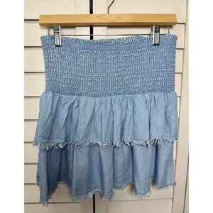 Aerie Smocked Tiered Fringe Ruffle Chambray Denim Mini Skirt Women's Size Small